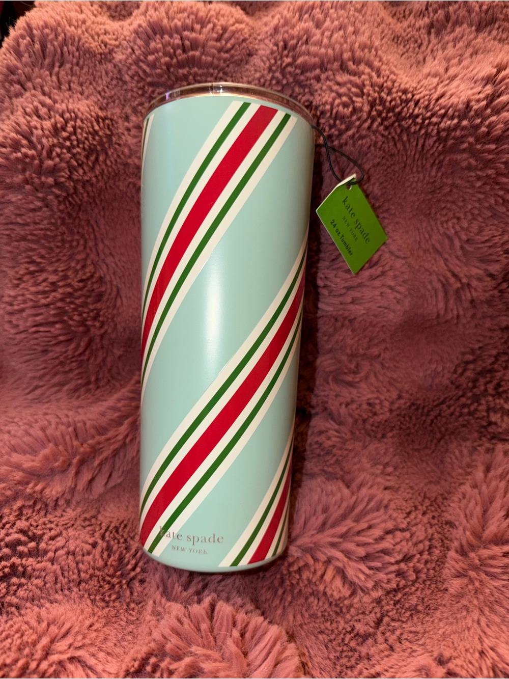 kate spade Mint Travel Tumbler with Red and Green Stripes NWT